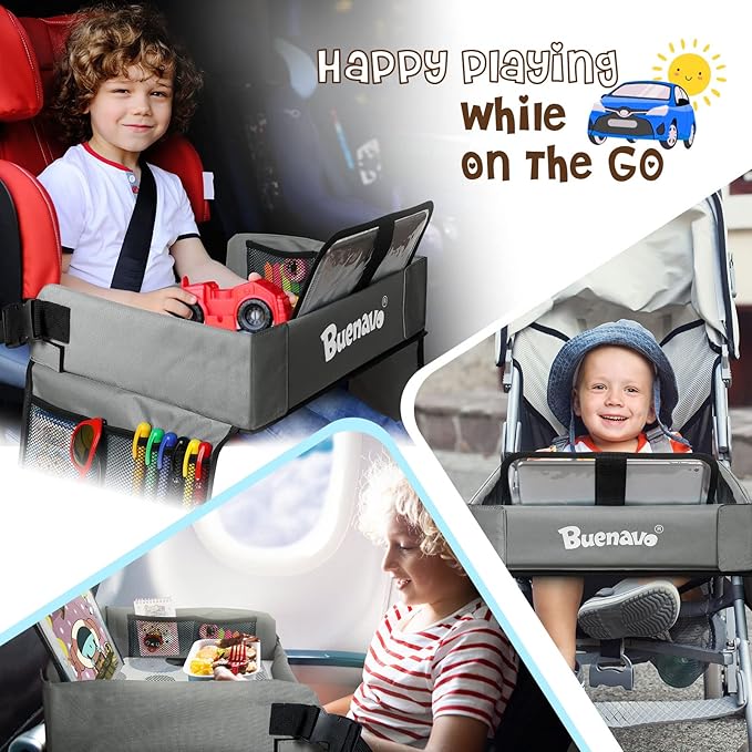 [New Version] Car Seat Organizer Kids Travel Tray for Kids Toddlers Activities in Car Seat, Stroller, Airplane | Touch Screen iPad Holder | Waterproof Dry Erase Top | Side Pocket & Water Bottle Holder