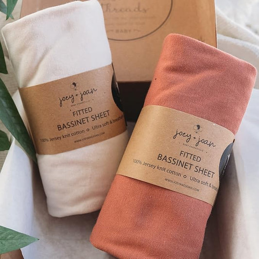 Joey + Joan Bassinet Fitted Sheets 19" x 32" for Cowiewie Bedside Sleeper Bassinet Mattress Pad – Snuggly Soft 100% Jersey Cotton – Beige + Rusty Brown – 2 Pack