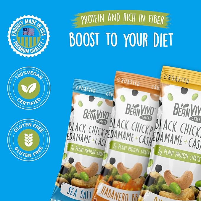 BeanVIVO Healthy Snacks for Adults & Kids with 7g Protein & 5g Fiber per Serving with Dried Edamame, Roasted Cashew and Black Chickpeas - Vegan & Gluten Free - Keto Friendly & Non-GMO - 8Pack (1.05 oz Each Pouch)