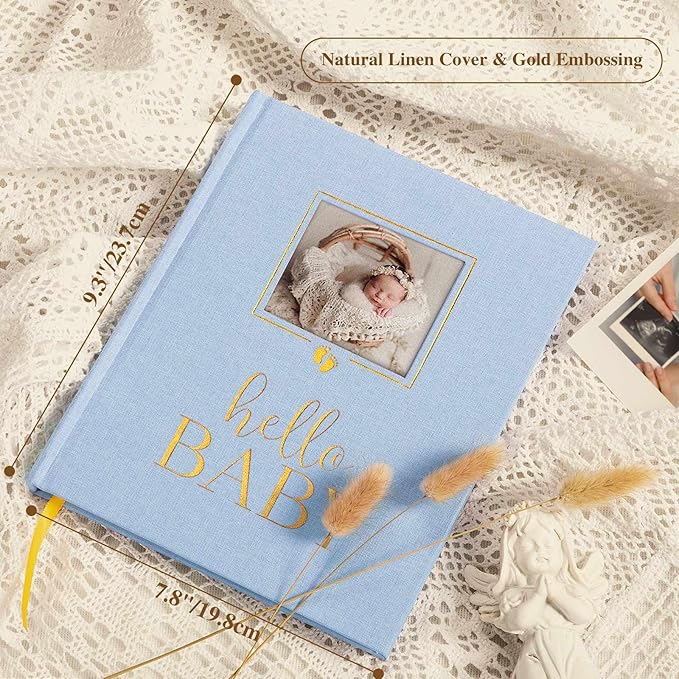 Lanpn Newborn Baby Memory Book, Baby First 5 Year Keepsake Gift with DIY Window, Linen Baby Memories Journal Scrapbook Photo Book, Baby Milestone Album for Boy Girl New Parents (Blue, 154 Pages)