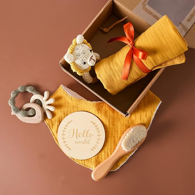YOUUYS Baby Gift Set for Newborn - Baby Essential Bath Basket Gift Set with Baby Blanket Baby Rattle Teether Toy & Hair Brush Newborn Shower Gift for Baby Girls Boys 6PCS (Lion)