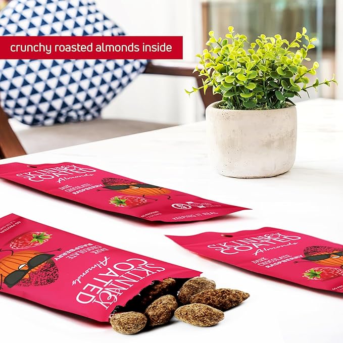 Skinny Coated Almonds Dark Chocolate Raspberry Snacks, Raspberry Flavored Healthy Chocolate Snacks Bulk - Kosher, Gluten Free Snacks for Adults, 1.2Oz p Bag, 6 Pack.