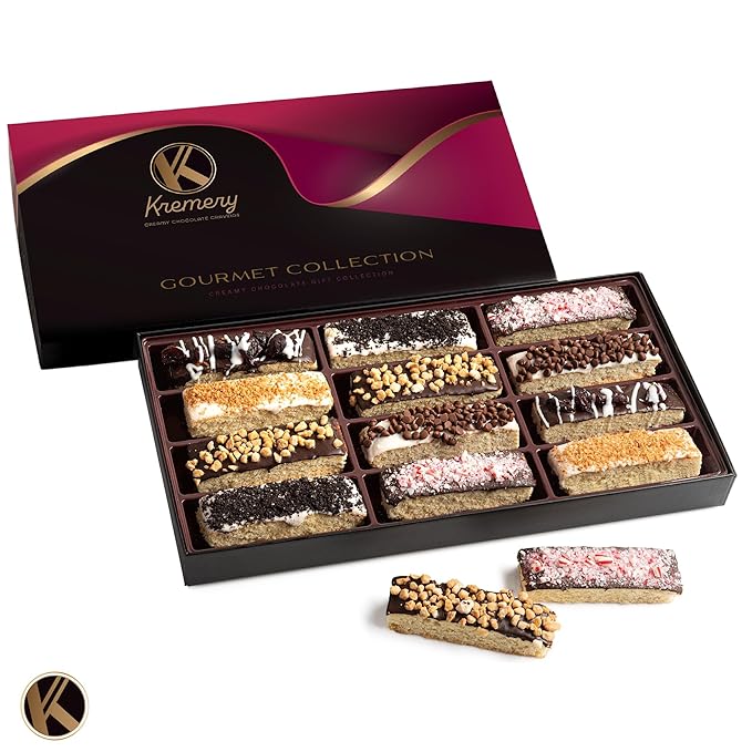 KREMERY Creamy Chocolate Cravings - Chocolate Covered Biscotti Cookies Gift Basket, in Elegant Gift Box (12 Biscotties, Assorted Sweet Toppings) Food Assortments USA Made