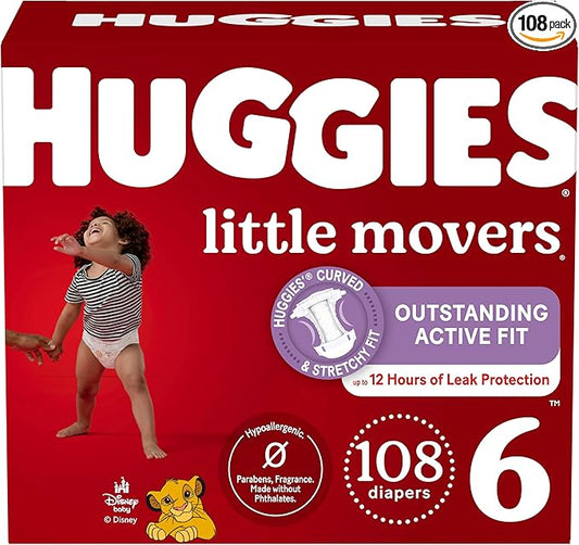 Huggies Size 6 Diapers, Little Movers Baby Diapers, Size 6 (35+ lbs), 108 Count (2 Packs of 54), Packaging May Vary