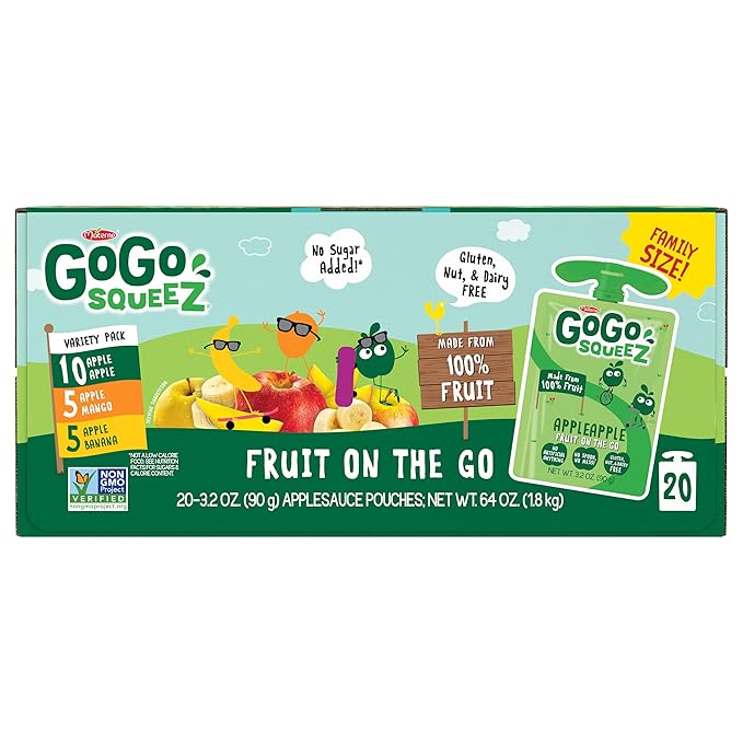 GoGo squeeZ Applesauce and Fruit Puree Variety Pack, Apple, Mango & Banana, 3.2 oz (Pack of 20), Unsweetened Fruit Snacks for Kids, Gluten Free, Nut Free and Dairy Free, BPA Free Pouches