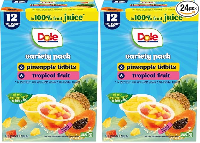 Dole Fruit Bowls Pineapple Tidbits & Tropical Fruit in 100% Juice Snacks, 4oz 12 Total Cups, Gluten & Dairy Free, Bulk Lunch Snacks for Kids & Adults (Pack of 2)