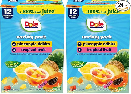 Dole Fruit Bowls Pineapple Tidbits & Tropical Fruit in 100% Juice Snacks, 4oz 12 Total Cups, Gluten & Dairy Free, Bulk Lunch Snacks for Kids & Adults (Pack of 2)