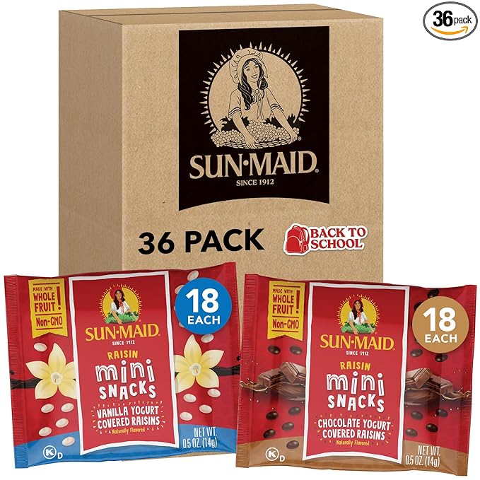 Sun-Maid Vanilla & Chocolate Yogurt Coated Raisins Variety Pack - (36 Pack) 0.5 oz Mini Snack-Size Bag - Yogurt Covered Dried Fruit for Lunches and Back to School Snacks (Amazon Exclusive)
