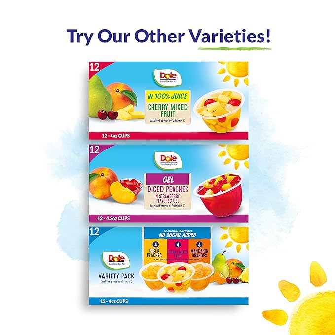 Dole Fruit Bowls Cherry Mixed Fruit in 100% Juice 4oz (12 Cups), and Dole Fruit Bowls Peaches in Strawberry Flavored Gel, 4.3oz (12 Cups), Back To School Healthy Snack