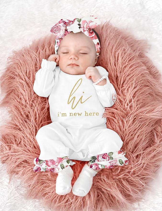 AGAPENG Newborn Girl Clothes Ruffle Letter Print Romper Infant Bell Bottom Jumpsuit Boho Baby Girl Clothes with Headband Hat