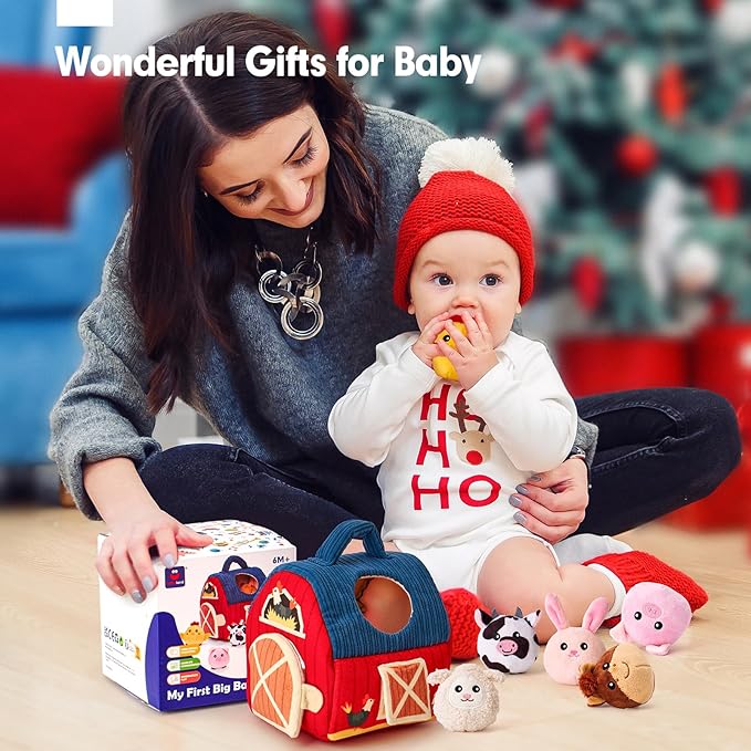 hahaland Baby Toys 6-12 Months - Surprise Barn Stuffed Farm Animals, Rattle, Crinkle, Mirror, Montessori Toys for 6 Month Old Babies Sensory Balls Toddlers 1-3 Gifts Christmas Baby Stocking Stuffers