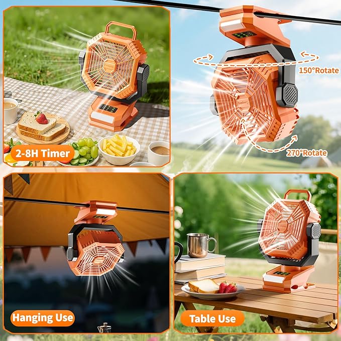 Portable Camping Fan with LED Lantern, 360°Rotation and Clip on for Desk, 8000mAh USB Rechargeable Battery Powered, Digital Display and Hanging Hook for Tent RV Outdoor Travel Barbecue Bedroom