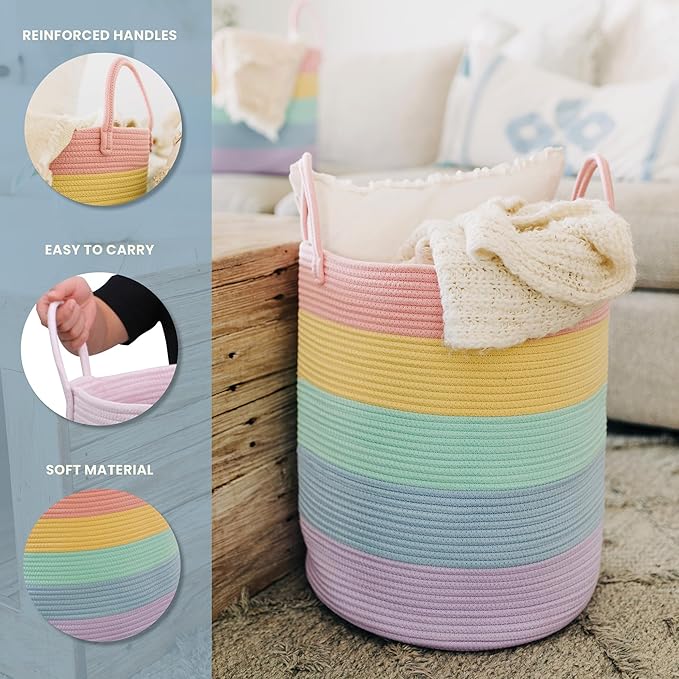 OrganiHaus Cotton Rope Basket for Rainbow Classroom Decor 15x18 | Toy Basket for Pastel Room Decor | Playroom Organization and Storage | Toy Bins & Book Basket | Tall Blanket Basket for Living Room