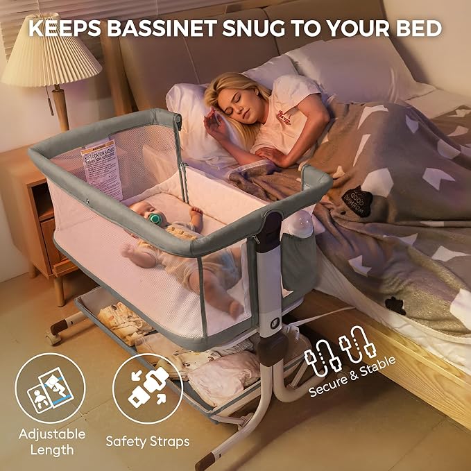 Baby Bassinet Bedside Sleeper, Upgraded Stability Bedside Crib with Full Mesh Sides, Soft Sheet, 6-Height Adjustment, Storage Basket, Easy Folding Portable Bassinet for Newborns, Gray