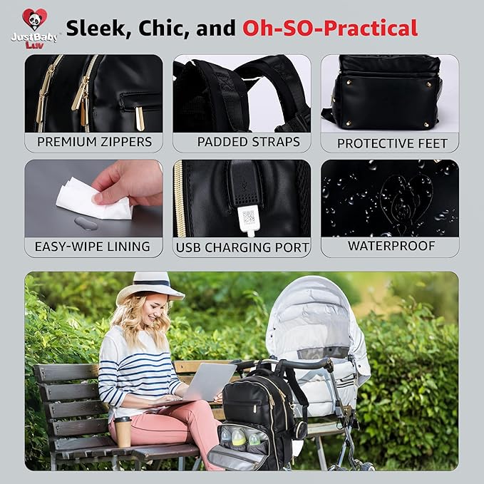 Award-Winning 3-SET Premium Leather Diaper Bag Backpack – Stylish, Durable, Waterproof Vegan Leather with PEVA Changing Pad & Baby Headrest, Travel-Friendly, Organized for Busy Parents
