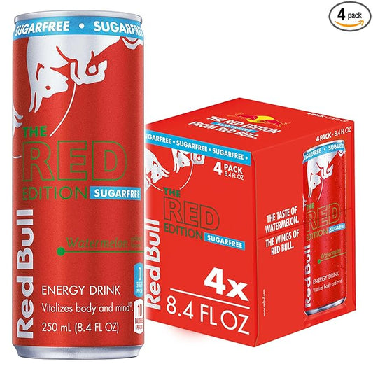 Red Bull Red Edition Sugar Free Energy Drink, Watermelon, with 80mg Caffeine plus Taurine & B Vitamins, 8.4 Fl Oz, Pack of 4 Cans