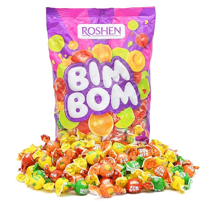 Roshen Bim Bom Hard Candy with Fruit Flavor Filling Kosher and Halal, Delicious, Flavorful Hard Sweets Bulk Candy 1kg/2.2lbs