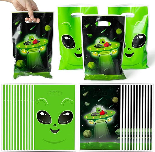 Alien Party Favor Bags - 50Pcs Fun Alien Party Gift Bags, Green Alien Goody Candy Treat Bags, Space Theme Party Decorations Plastic Birthday Snack Bag for Kids Birthday Alien Themed Party