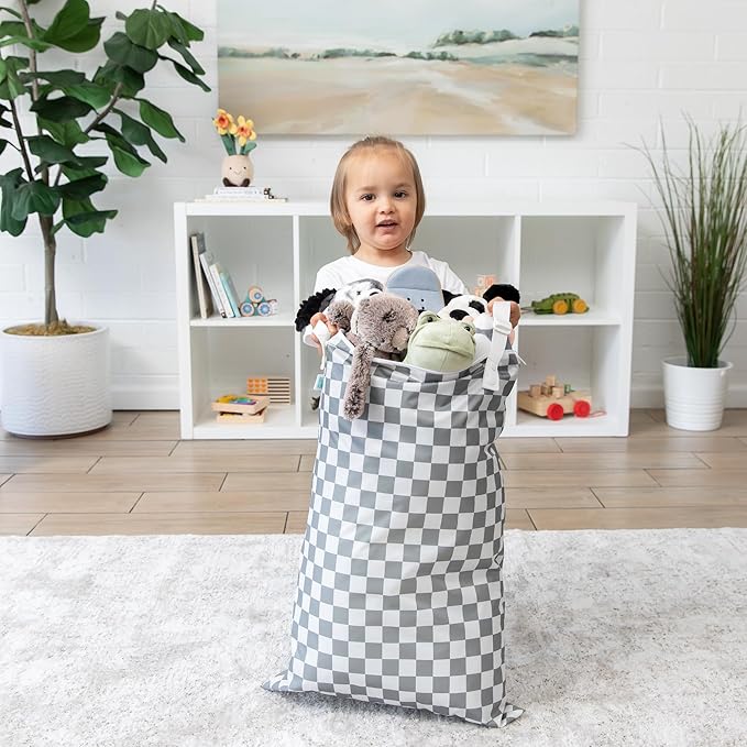 Bumkins Waterproof Hanging Wet Bag Large for Baby, Laundry, Dirty Clothes, Travel, Swim Suit, Cloth Diapers, Pool, Towels, Daycare, Beach, Zip Reusable Bag, Wetdry Vacation Packing, XL Gray Check