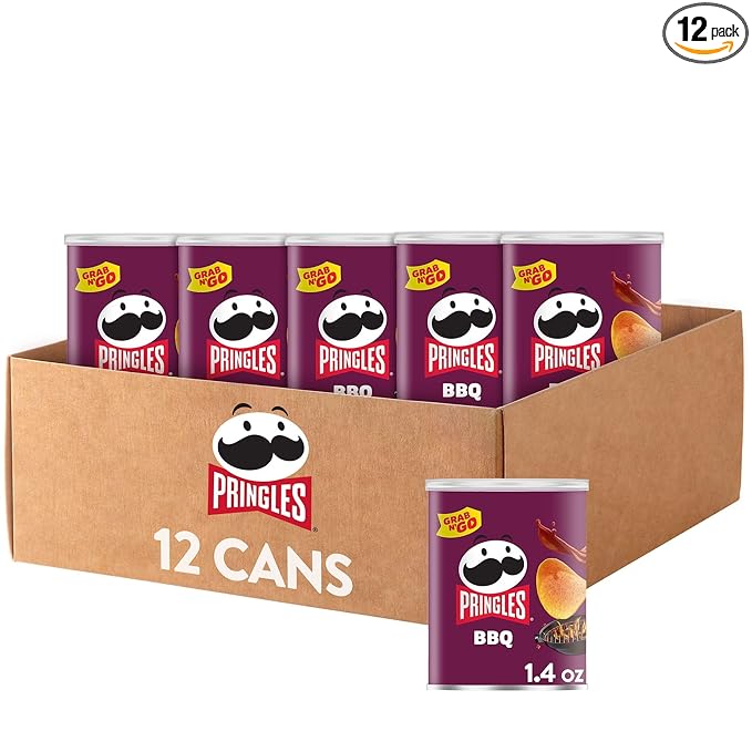 Pringles Potato Crisps Chips, Lunch Snacks, Office and Kids Snacks, Grab N' Go, BBQ (12 Cans)