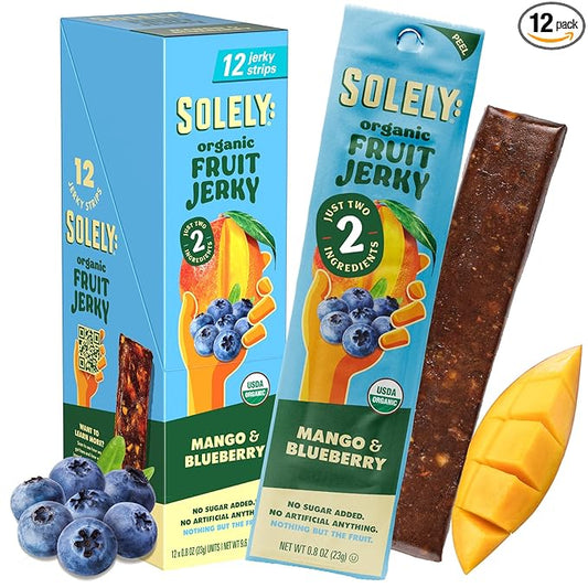 SOLELY - Organic Mango Blueberry Fruit Jerky - 12 Individually Wrapped Strips - Fruit Leather Made from Dried Fruit - Healthy Snacks for Adults & Kids - Non GMO, Vegan Snacks - 0.8oz (23g)