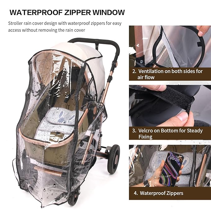 Universal Stroller Rain Cover with Waterproof Zipper, Clear Travel Weather Shield for Baby 4 Season Protection, Rainy Wind Snow Dust (XL, Stander Rain Cover)