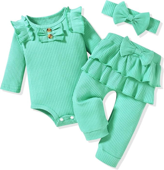 Aalizzwell Preemie Newborn Infant Baby Girls Clothes Ribbed Bodysuit Pants Set Fall Winter Outfits
