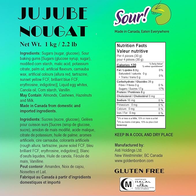 Golden Bonbon Italian Sour Jujube Nougat Candy, Soft and Chewy With Fruity Jelly Beans Original Recipe (2.2 Lb, Sour)