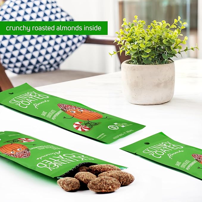 Skinny Coated Almonds Dark Chocolate Peppermint Flavored Healthy Chocolate Snacks Bulk - Skinny Almonds, Kosher, Gluten Free Snacks for Adults, 1.2Oz Bag, 6 Pack