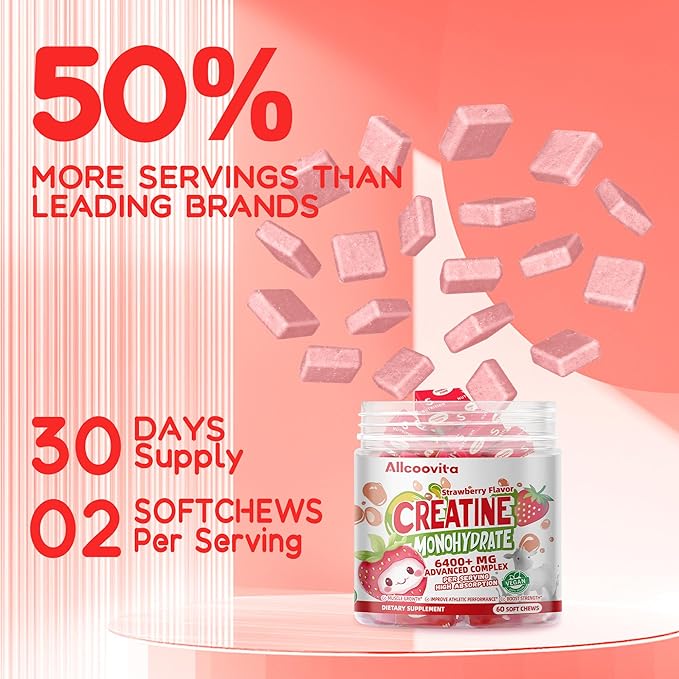 Creatine Monohydrate Chews Complex 6400mg for Men & Women -Advanced Formula W/L-Taurine + Vitamin B12, Sugar Free Chewable Supplement,60 Strawberry Softchews