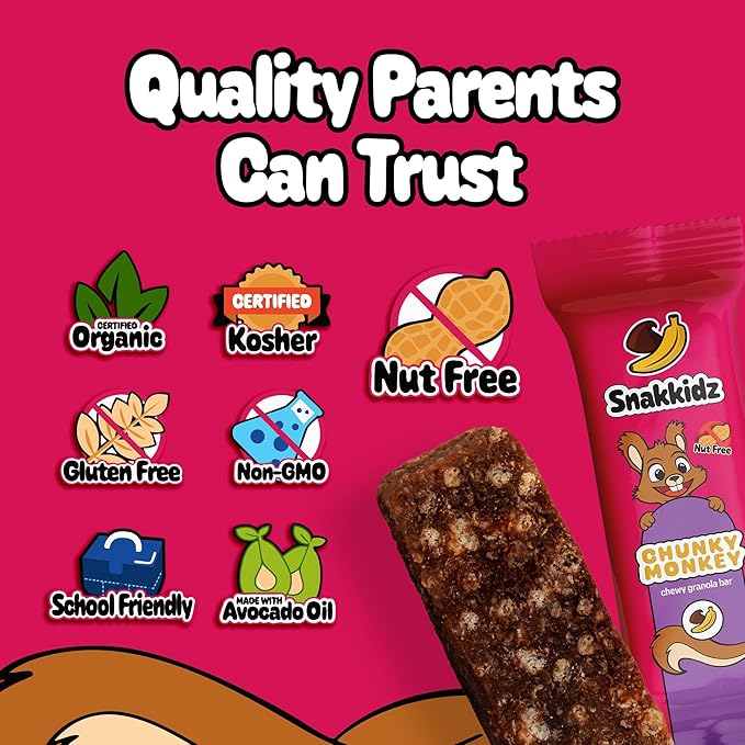 Snakkidz Organic Chewy Granola Bar, Allergen Free, Made with Avocado Oil, Low Sugar (15 Bars, Chunky Monkey)