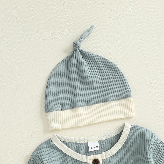 fhutpw Newborn Baby Boy Clothes Ribbed Knit Bodysuit 3 6 Months Infant Fall Long Sleeve Splicing Color Romper Jumpsuit & Hat