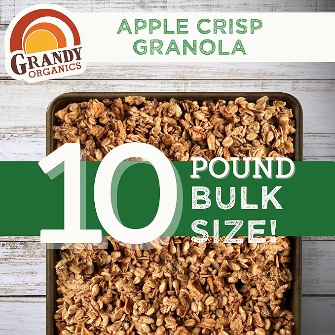 Grandy Organics Apple Crisp Granola, 10 Pound Bulk Bag, Certified Organic, Gluten Free, Non-GMO, Kosher, Plant Based Protein Granola