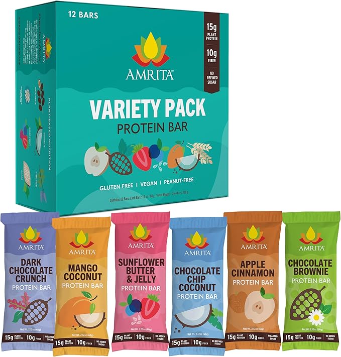 Amrita Nut Free Vegan Protein Bars 6 Flavor Variety Pack ( 12 Count ) | 15g Plant-Based Protein Bar | Peanut-Free, Gluten Free, and Dairy-Free | No Added Sugar, High Fiber, Healthy Snacks for Kids/Adults