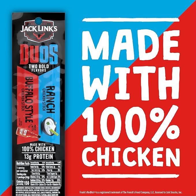 Jack Link's DUOs Chicken Jerky Meat Snack Sticks with 13g Protein - Frank's RedHot Buffalo Style With Creamy Ranch, Made with 100% Chicken, Two Flavors in One Package, 1.84oz (10 Pack of 2 Sticks)