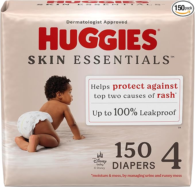 Huggies Size 4 Diapers, Skin Essentials Baby Diapers, Size 4 (22-37 lbs), 150 Count (6 Packs of 25), Packaging May Vary