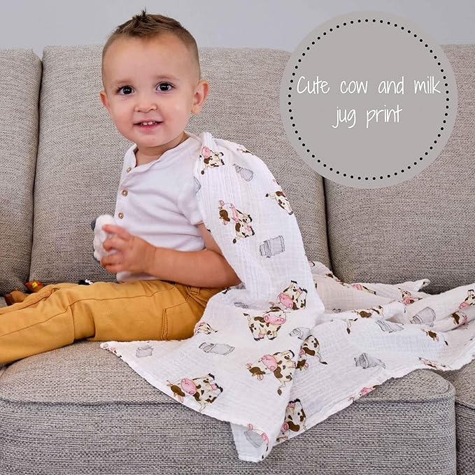 LollyBanks Baby Swaddle Blanket, 100% Muslin Cotton Muslin Blankets for Boys and Girls, Large 47 x 47 Inches Soft and Breathable Swaddles for Newborns, Gentle Baby Wrap Swaddle, Registry (Cow Print)