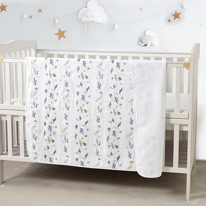 CREVENT 40''X40'' 100% Organic Cotton Muslin Baby Blanket for Newborns, Essential for Baby Shower Birthday Gift - Cactus 100X100cm