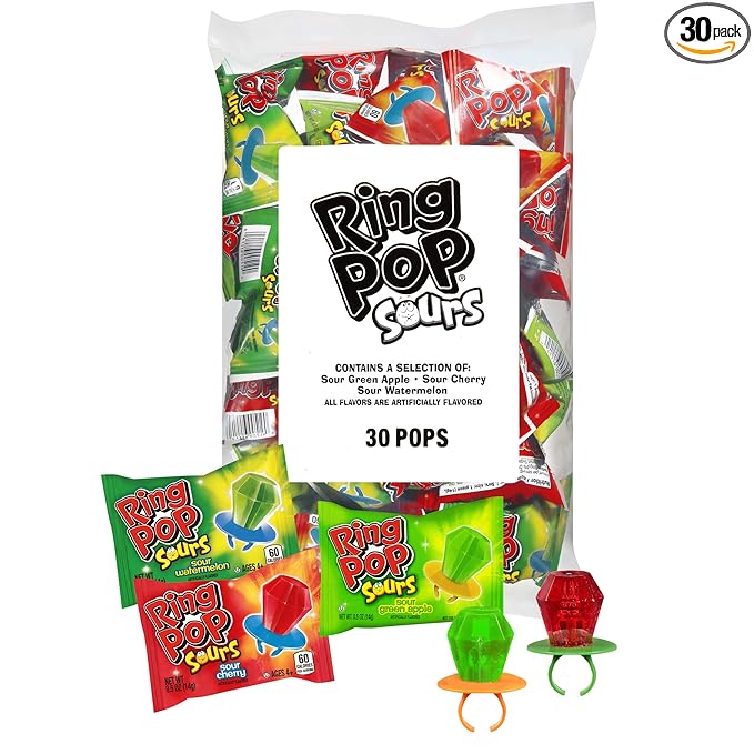 Ring Pop Sour Candy Lollipops, 30 Ct Bulk Individually Wrapped in Assorted Fruity Sour Flavors, Full Size, Fun Hard Candy For Birthday, Party Favors, Bachelorette Parties & Gifts For Kids