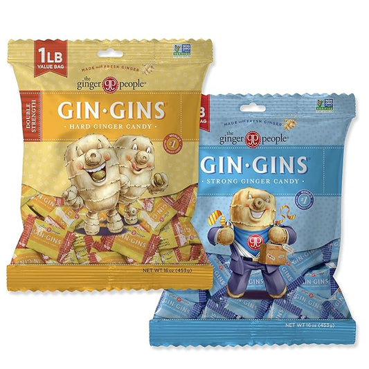 The Ginger People GIN GINS Hard Candies - Super Strength & Double Strength - 1lb bags - Pack of 2