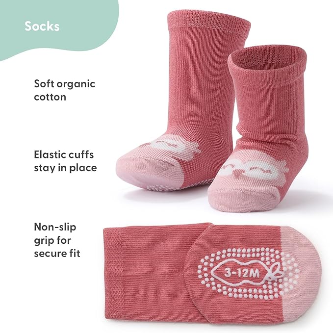 The Peanutshell Organic Baby Girl Socks 0-24 Months Set of 12 - Non-Slip Grip, Soft Cotton Newborn & Toddler Socks - Blush
