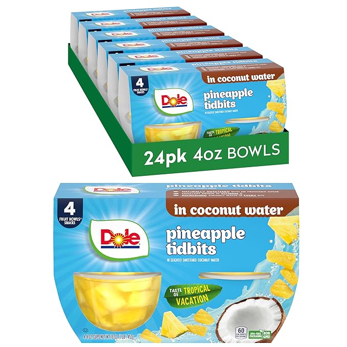 Dole Pineapple Tidbits in Coconut Water - Dole Fruit Bowls Snacks - 4 oz Fruit Bowls - 24 Pack