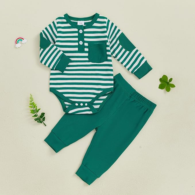 fhutpw Baby Boy Clothes 3 6 12 18 Months Ribbed Knitted Long Sleeve Romper and Pants Sets Newborn Fall Splicing Color Outfits