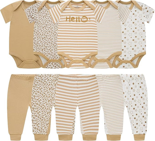 Baby Newborn Layette 10-Piece Sets Cotton Bodysuits Pants Sets for Baby Boys Girls Toddler Unisex Baby Gift Set
