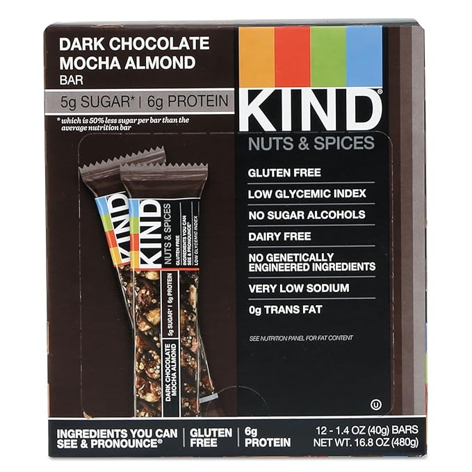 KIND Bars, Dark Chocolate Mocha Almond, Healthy Snacks, Gluten Free, Low Sugar, 5g Protein, 12 Count