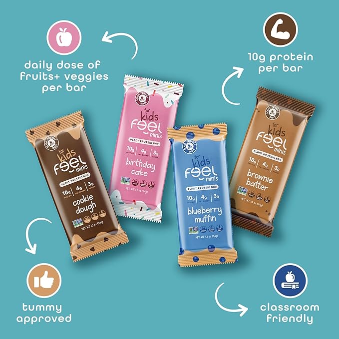 Feel Bar Minis – Kids Protein Bars | Blueberry Muffin | 10g Plant Protein | 100 Calories | No Added Sugar | + Daily Veggies | Gluten Free, No Nuts, No Soy, No Dairy, No Grains (12 Pack)