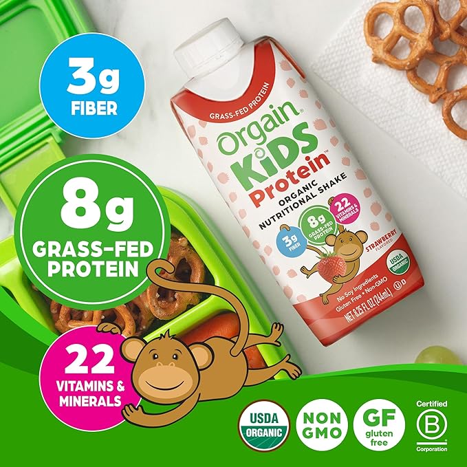 Orgain Organic Kids Protein Nutritional Shake, Strawberry - 8g of Protein, 22 Vitamins & Minerals, Fruits & Vegetables, Gluten Free, Soy Free, Kosher, Non-GMO, 8.25 Ounce (Pack of 12)