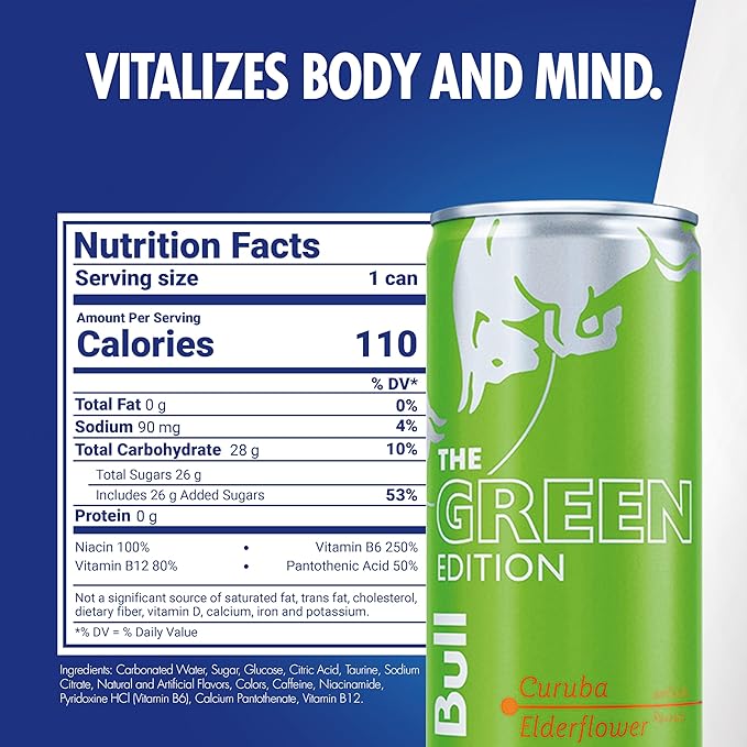 Red Bull Green Edition Energy Drink, Curuba Elderflower, with 80mg Caffeine plus Taurine & B Vitamins, 8.4 Fl Oz, 6 Packs of 4 Cans (Pack of 24)