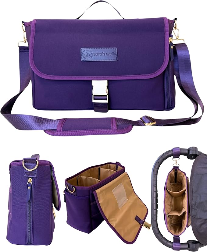 Sarah Wells Stroller Caddy & Pump Bag – Insulated Neoprene Diaper Organizer with Crossbody Strap, Machine Washable, Luggage Sleeve – Fits Single & Double Strollers (Purple)