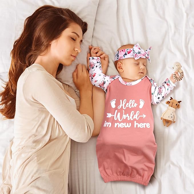 Newborn Baby Girl Gown 0-6 Months, Super Soft Newborn Sleepers Gown, Long Sleeve Infant Nightgown for Girls, Baby Girl Outfit Essential with Headband Set Orange Yellow